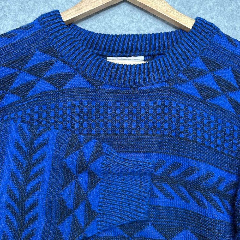 VTG 80s 90s Jayknits Men Blue Black Geometric Acrylic Knit Sweater Made in USA L